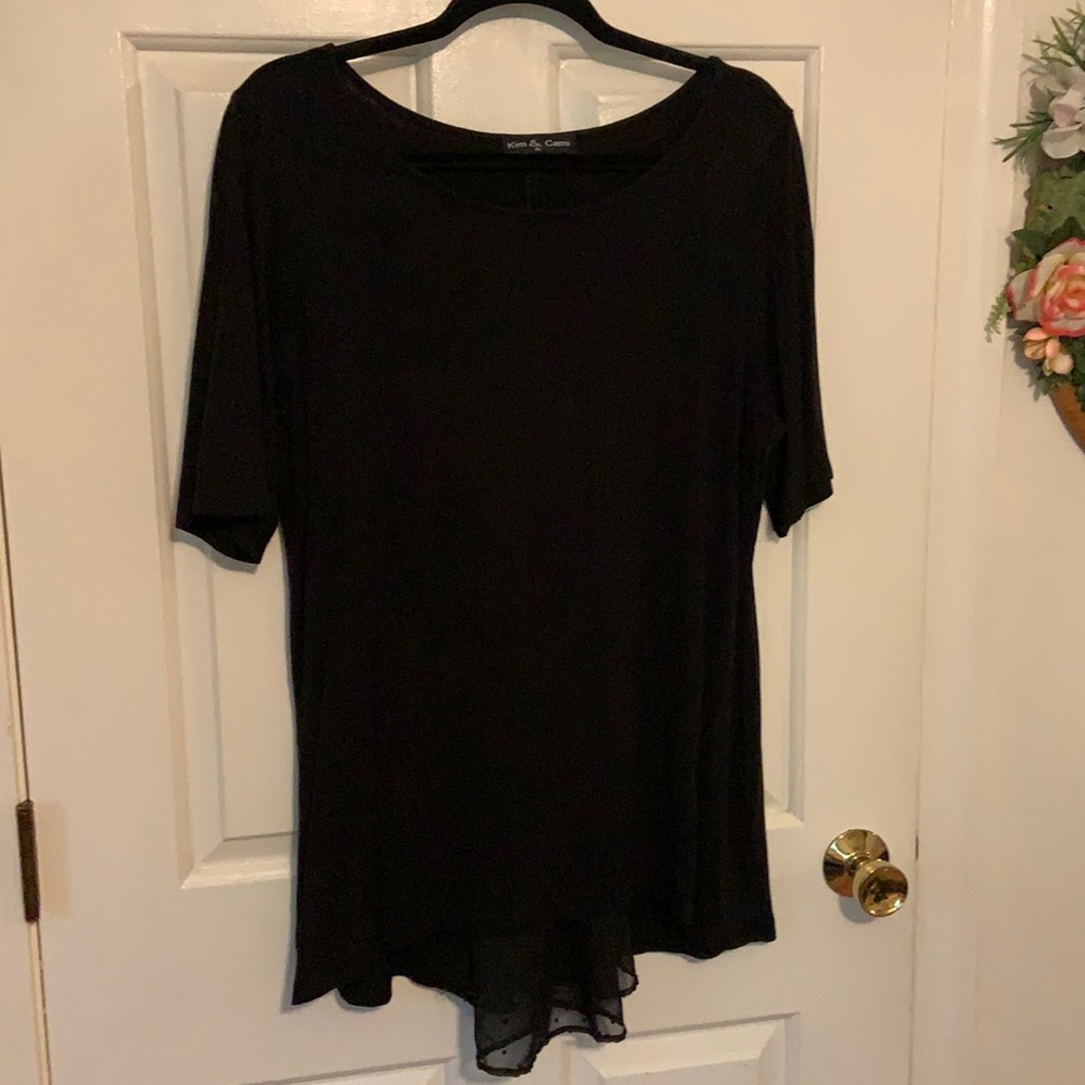 Kim & Cami Black Tee Top w/ Sheer Cutout Polkadot Low Back AS IS